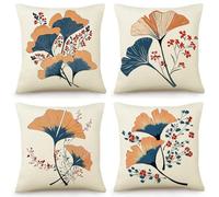 Cushion Covers 45cm x 45cm Set of 4 Navy Blue Orange Leaf and Red Floral Throw Pillow Cases 18 x 18inches Linen Square Throw Pillow Covers for Living Room Bedroom Sofa Couch Bed Decorative Pillowcases