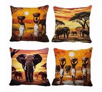 Cushion Covers 45x45 cm African Landscape Set of 4 Modern Sunset Elephant Woman Decorative Throw Pillow Covers Soft Square Cushion Cases for Living Room Sofa Couch Bed Pillowcases