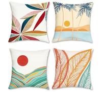 Cushion Covers 45x45 cm Line Leaf Set of 4 Modern Tropical Decorative Throw Pillow Covers Soft Square Cushion Cases for Living Room Sofa Couch Bed Pillowcases