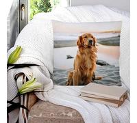 Cushion Covers 45x45 cm, Polyester Square Throw Pillow Cases,Golden Retriever Dog Sitting On The Beach by The Sea, Cushion Cover for Sofa Couch Bedroom with Invisible Zipper, 18x18 Inches