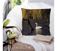 Cushion Covers 45x45 cm, Polyester Square Throw Pillow Cases,Swan Rural Wetland Scenery Swan Floating Under Weeping Willow Lak, Cushion Cover for Sofa Couch Bedroom with Invisible Zipper, 18x18 Inches