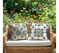 Cushion Covers 45x45cm Bohemia Outdoor Cushions Waterproof Linen Sofa Cushions Green Set of 2 Square Throw Pillow Covers for Indoor Sofa Home Room Decor Outdoor Garden Chair, Patio Bench Couch RG-806