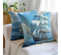 Cushion Covers 45x45cm Set of 2 Blue Outdoor Cushions, Double-Sided Printing Sailboat Cushion Cover, Waterproof Linen Decorative Throw Pillow Bring Invisible Zipper for Garden Autumn Decor JX-1054