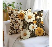 Cushion Covers 45x45cm Set of 2 Brown Outdoor Cushions, Double-Sided Printing Daisy Cushion Cover, Waterproof Velvet Decorative Throw Pillow Bring Invisible Zipper for Sofa Garden Autumn Decor JX-1079