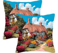 Cushion Covers 45x45cm Set of 2 Garden Landscape Velvet Cushion Covers Sofa Cushions Decorative Sofa Pillows Throw Pillow Cases with Invisible Zipper, for Bedroom Bed Cushions Gifts L0JT-387