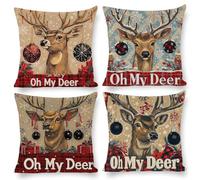 Cushion Covers 50 x 50 cm, Outdoor Cushion 4 Pack Waterproof linen Pillow Cases, Decorative Outdoor Garden Furniture Spring Fall Pillow Covers for Patio Porch Balcony Sofa Cushion, (Elk) i-543