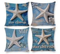 Cushion Covers 50 x 50 cm, Outdoor Cushion 4 Pack Waterproof linen Pillow Cases, Decorative Outdoor Garden Furniture Spring Fall Pillow Covers for Patio Balcony Sofa Cushion, (Simple Starfish) i-411