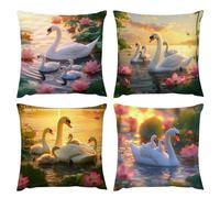 Cushion Covers 50 x 50 cm Outdoor Cushions Swan Lotus Set of 4 Double Sided Pillow Covers Decorative Cushions Cases Linen Home Decorations Bedroom Sofa Couch Garden Decor, with Invisible Zipper f-581