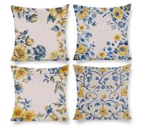 Cushion Covers 55 x 55 cm, Outdoor Cushion 4 Pack Cotton Linen Pillow Cases, Decor Outdoor Garden Furniture Spring Fall Pillow Covers for Patio Porch Farmhouse Sofa Cushion, Flowers Bohemian e-188