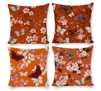 Cushion Covers 55 x 55 cm, Outdoor Cushion 4 Pack Cotton Linen Pillow Cases, Decor Outdoor Garden Furniture Spring Fall Pillow Covers for Patio Porch Farmhouse Sofa Cushion, Butterfly Flower e-178
