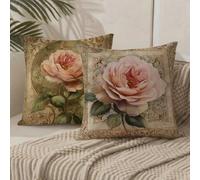 Cushion Covers 55cm x 55cm Flower Cushions Double Sided Pattern Throw Pillow Covers with Invisible Zipper Velvet Decorative Pillowcases for Garden Home Sofa Bed, 22x22 Inch Set of 2 (Retro) 1B-227