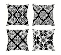 Cushion Covers 55x55 cm Black White Set of 4 Modern Geometric Flower Decorative Throw Pillow Covers Soft Square Cushion Cases for Living Room Sofa Couch Bed Pillowcases