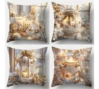 Cushion Covers 55x55 cm Silver Landscape Set of 4 Modern Christmas Candles Decorative Throw Pillow Covers Soft Square Cushion Cases for Living Room Sofa Couch Bed Pillowcases