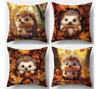 Cushion Covers 55x55 cm Woodland Hedgehogs Set of 4 Modern Autumn Decorative Throw Pillow Covers Soft Square Cushion Cases for Living Room Sofa Couch Bed Pillowcases