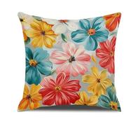 Cushion Covers 60cm x 60cm Big Flowers Linen Large Decorative Pillows for Living Room Sofa Couch Bed with Smooth Invisible Zip
