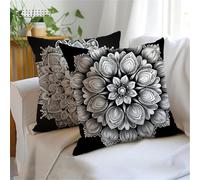Cushion Covers 60x60cm Set of 2 Black Outdoor Cushions, Double-Sided Printing Mandala Cushion Cover, Waterproof Velvet Decorative Throw Pillow Bring Invisible Zipper for Garden Autumn Decor JX-892