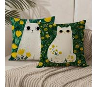 Cushion Covers 80cm x 80cm Green Cushions Double Sided Pattern Throw Pillow Covers with Invisible Zipper Velvet Decorative Pillowcases for Garden Home Sofa Bed, 32x32 Inch Set of 2 (Cat) 1B-192