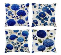 Cushion Covers 80x80cm, Outdoor Cushions Set of 4 Decorative Linen Square Cushion Covers Blue Flower Waterproof Cushions With Smooth Invisible Zip for Indoor Sofa Bed Outdoor Garden Summer Decor s-435