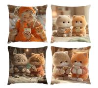 Cushion Covers 80x80cm, Outdoor Cushions Set of 4 Decorative Linen Square Cushion Covers Chrysanthemum Cat Waterproof Cushions With Smooth Invisible Zip for Sofa Bed Outdoor Garden Summer Decor s-416