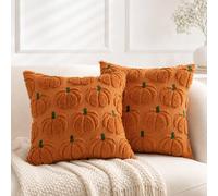 Cushion Covers Autumn, Halloween Decorations, 2 PCS 18*18 Inches Caramel Green Stem Pumpkin Throw Pillow Covers, Soft Faux Fur Farmhouse Pumpkin Decor, for Sofa Bedroom Living Room Autumn Home Decor