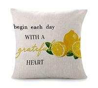 Cushion Covers Begin Each Day With A Grateful Heart Lemon White Flower Quote Saying Antique Pillowcases Cozy Throw Pillow Case Soft Cushion Case For Living Room Bedroom Sofa 45X45CM