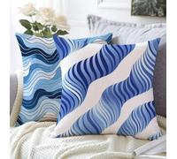 Cushion Covers Blue Outdoor Cushions Set Of 2 30x30cm Waterproof Linen Soft Cushions For Sofa Stripe Decorative Square Pillowcase With Invisible Zipper For Garden,Patio Seating,Bed Room Decor A1-145