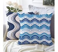 Cushion Covers Blue Outdoor Cushions Set Of 2 50x50cm Waterproof Linen Soft Cushions For Sofa Stripe Decorative Square Pillowcase With Invisible Zipper For Garden,Patio Seating,Bed Room Decor A1-494