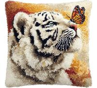 Cushion Covers Craft Kits Animals: White Tiger and Butterfly Latch Hook Kits for Adults Beginners Making Crochet Pre Printed Canvas Wool Yarn DIY Sofa Home Decor 17x17inch