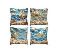 Cushion Covers Linen,45 x 45cm 4 Piece Velvet Cushion Covers Sailing Ship Garden Cushions Cover Ocean With Lnvisible Zipper Ultra Soft Home Stylish Decor for Christmas Birthday A-89