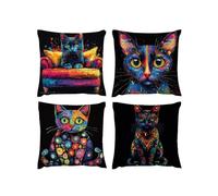Cushion Covers Linen,70 x 70cm 4 Piece Velvet Cushion Covers Abstract Garden Cushions Cover Colorful Cat With Lnvisible Zipper Ultra Soft Home Stylish Decor for Christmas Birthday A-36