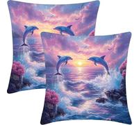 Cushion Covers Pack of 2, 55x55cm, Soft Velvet Decorative Pillow Cases, Summer Cushion, Decorative Cushions for Bedroom, Decorative Throw Pillow for Bed Case, for Home Decor, Animal Dolphins CZ1J-153