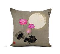 Cushion Covers Pink Lotus Flowers And The Moon Traditional Japanese Ink Pillow Cover Decorations Pillowcases Cozy Cushion Case For Living Room Bedroom Sofa 45X45CM