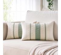 Cushion Covers Sage Green Boho Striped Geometric Decorative Cotton Pillowcases 30x50 cm Autumn Rustic Farmhouse Sofa Cushion Cover Set of 2 with Smooth Invisible Zip for Home Decor Sofa Bedroom Car