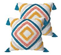 Cushion Covers Set of 2 45x45 cm Woven Tufted Boho Throw Pillow Covers with Tassel, Decorative Colorful Diamond Throw Cushion Cases for Sofa Couch Bed Living Room Bedroom, 18x18 Inch, No Pillow Insert