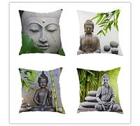 Cushion Covers Set of 4 35x35cm Buddha Statue Bamboo Throw Pillow Cases Square Double Sided Outdoor linen Cushion Covers Pack of 4 For With Invisible Zipper, For Chairs/Living/Bedroom/Room Decor Gifts
