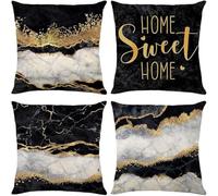 Cushion Covers Set of 4 Pillowcases 35x35cm Decorative Square Throw Pillow Covers, Linen Pillow Protectors with Invisible Zipper, Cushion Cover for Home, Living Room, Decor Black Gold Marble SD2483