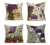 Cushion Covers Set of 4 Washable Polyester Square Art Decorative Cotton Linen Throw Pillow Covers with Hidden Zipper for Home Indoor Outdoor Living Room Sofa Couch Pillowcases Purple Flower,40x40cm