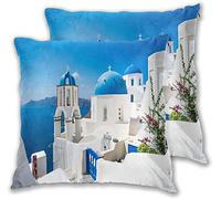 Cushion Covers, Sunset Blue Greek Scenery Cyclamen White House Santorini Park OIA Greek Mediterranean Cushion Covers 45 x 45 cm Set of 2 Pillow Cases Fluffy Cushion Covers Decorative Pillowcases