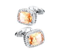 Cushion-Cut Orange Crystal Cufflinks with Pavé Clear Crystals, Silver-Tone Rhodium Plated, Luxury Wedding & Business Formal Cuff Links, Gift Boxed for Groomsmen, Dads, and Special Occasions