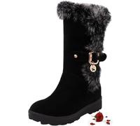 Cushion Walk Boots for Women,Snow Boots Suede Mid Calf Furry Boot Slip On Booties High Top Warm Fur Lined Winter Boots Comfortable Outdoor Anti-Slip Ankle Boot (6 Black,37EU)