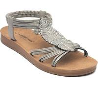 Cushion Walk Ladies Flat Summer Sandals, Strappy T-Bar with Rhinestone Leaf Detail, Slip On, Faux Leather, Lightweight Footwear (Silver, UK Footwear Size System, Adult, Women, Numeric, Medium, 5)
