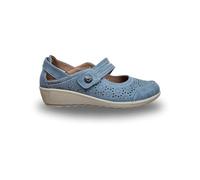 Cushion Walk Wide Fit Ladies Mary Jane Comfort Shoes Womens EEE Loafer Sandals Wedge Summer Holiday Touch Strap UK 4-8 (Blue, UK Footwear Size System, Adult, Women, Numeric, X-Wide, 4)