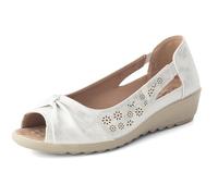 Cushion Walk Women's Extra Wide EEE Fit Dressy Sandals, Slip-On Peep Toe Low Wedge with Laser Cut Floral Pattern & Bow, Cushioned Insole Lightweight Summer Shoes (Size 5 UK, White Shimmer)
