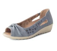 Cushion Walk Women's Extra Wide EEE Fit Sandals, Slip-On Peep Toe Low Wedge with Laser Cut Floral Pattern & Bow, Cushioned Insole Lightweight Summer Shoes (Size 6 UK, Blue)