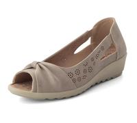 Cushion Walk Women's Extra Wide EEE Fit Sandals, Slip-On Peep Toe Low Wedge with Laser Cut Floral Pattern & Bow, Cushioned Insole Lightweight Summer Shoes (Size 6 UK, Beige)