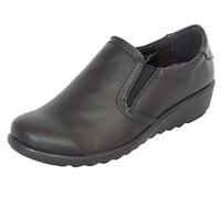 Cushion Walk Women's Ladies Lightweight Black Faux Leather Slip-on Low Wedge Shoes with Elastic Side Panels and Massage Insock, Casual Work Office Comfort Shoes