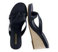 CUSHIONAIRE Ferry Espadrille Wedge Sandals for Women, Thong Platform Flip Flops with Cross Strap and Slip-On Design, Black, 7