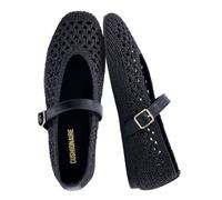 CUSHIONAIRE Graff Mary Jane Shoes for Women, Woven Ballet Flats with Adjustable Buckle Strap, Lightweight Slip On Shoes, Black, 7.5