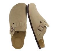 CUSHIONAIRE Haze Genuine Suede Leather Mens Clogs - Comfortable Slip On Potato Shoes for Men with Adjustable Buckle, Taupe, 8 UK