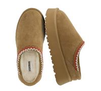 CUSHIONAIRE Kabuki Platform Boots Genuine Suede Fuzzy Mule Slippers for Women with Memory Foam | Indoor/Outdoor Womens Slippers | Wide Widths Available, Chestnut Suede, 8 UK Wide